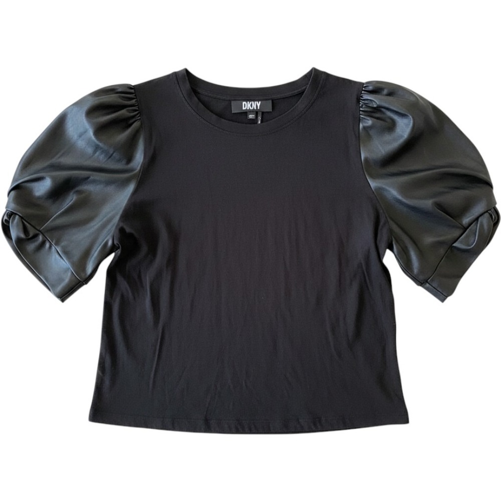 DKNY Faux Leather Puff Sleeve Top XL Maximalist Statement Vamp Dark Fairy Goth